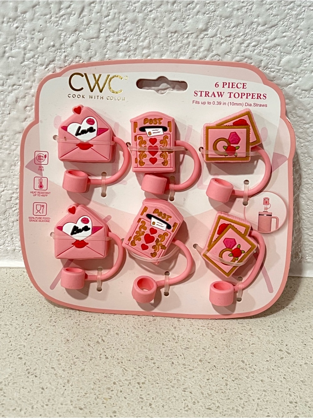 CWC Pink Valentine Straw Toppers - 6 Piece Set